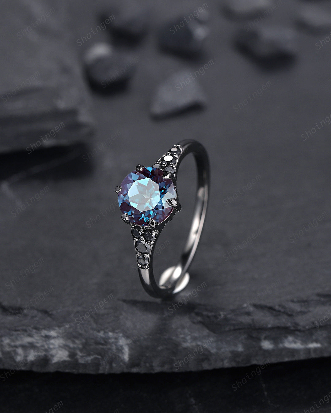 Unique Black Gold Round Shape Alexandrite Engagement Ring, Vintage Rhodium Black Hip Hop Wedding Ring, Gothic June Birthstone Promise Ring - ShainJewelry