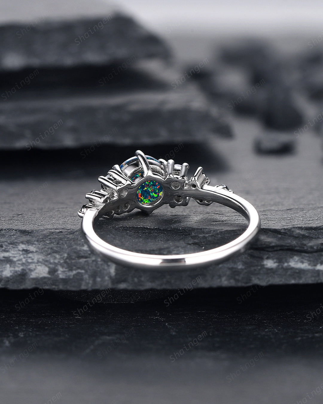 Black Fire Opal Engagement Ring, White Gold Black Moissanite Cluster Wedding Ring, Multi Fire Opal Anniversary Promise Ring Gif for Women - ShainJewelry
