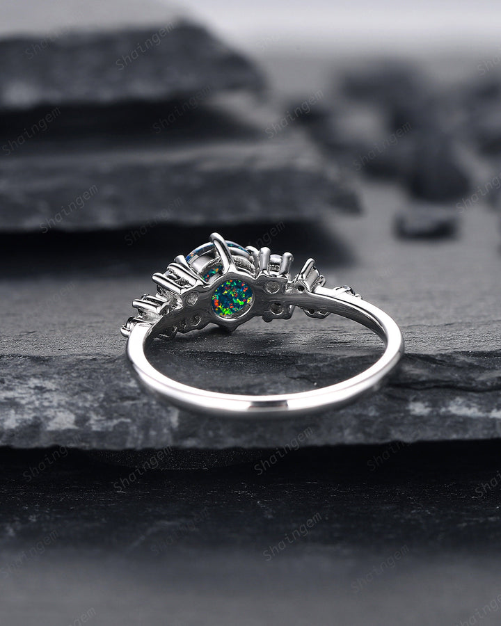 Black Fire Opal Engagement Ring, White Gold Black Moissanite Cluster Wedding Ring, Multi Fire Opal Anniversary Promise Ring Gif for Women - ShainJewelry