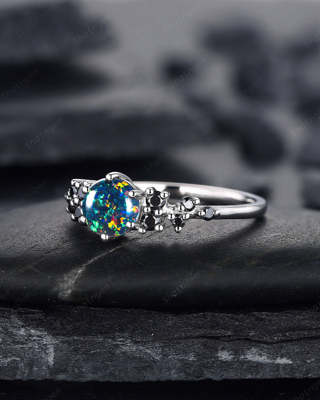 Black Fire Opal Engagement Ring, White Gold Black Moissanite Cluster Wedding Ring, Multi Fire Opal Anniversary Promise Ring Gif for Women - ShainJewelry
