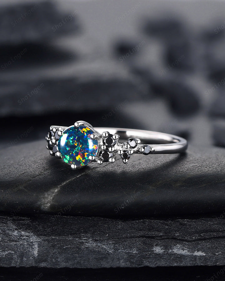 Black Fire Opal Engagement Ring, White Gold Black Moissanite Cluster Wedding Ring, Multi Fire Opal Anniversary Promise Ring Gif for Women - ShainJewelry