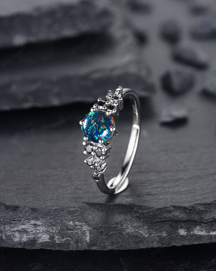 Black Fire Opal Engagement Ring, White Gold Black Moissanite Cluster Wedding Ring, Multi Fire Opal Anniversary Promise Ring Gif for Women - ShainJewelry