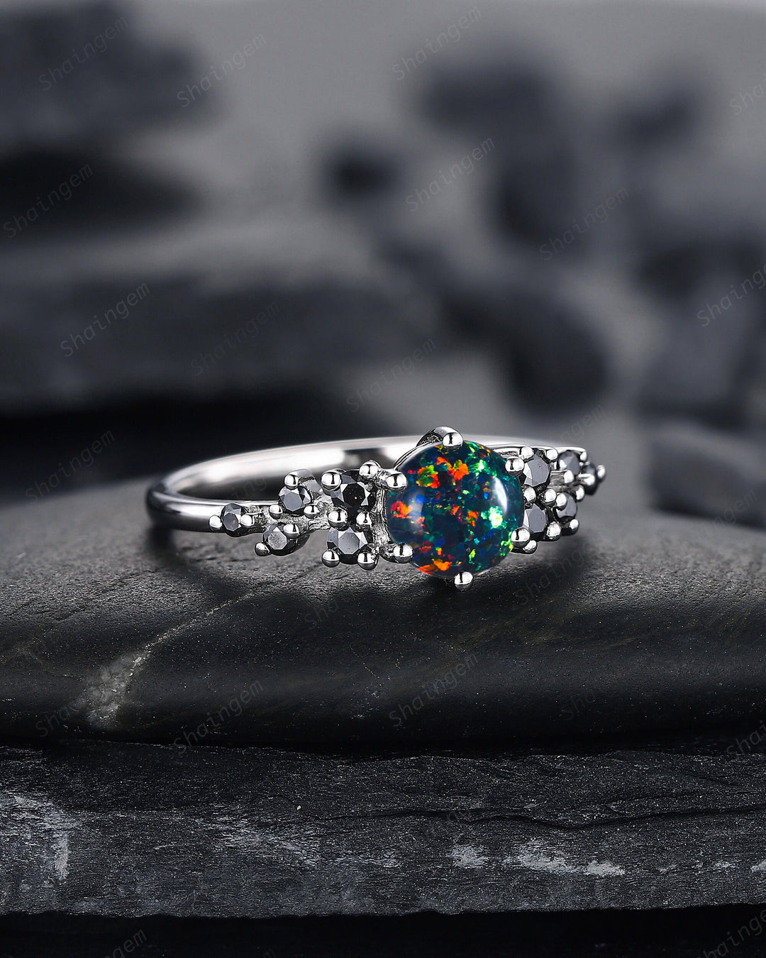 Black Fire Opal Engagement Ring, White Gold Black Moissanite Cluster Wedding Ring, Multi Fire Opal Anniversary Promise Ring Gif for Women - ShainJewelry