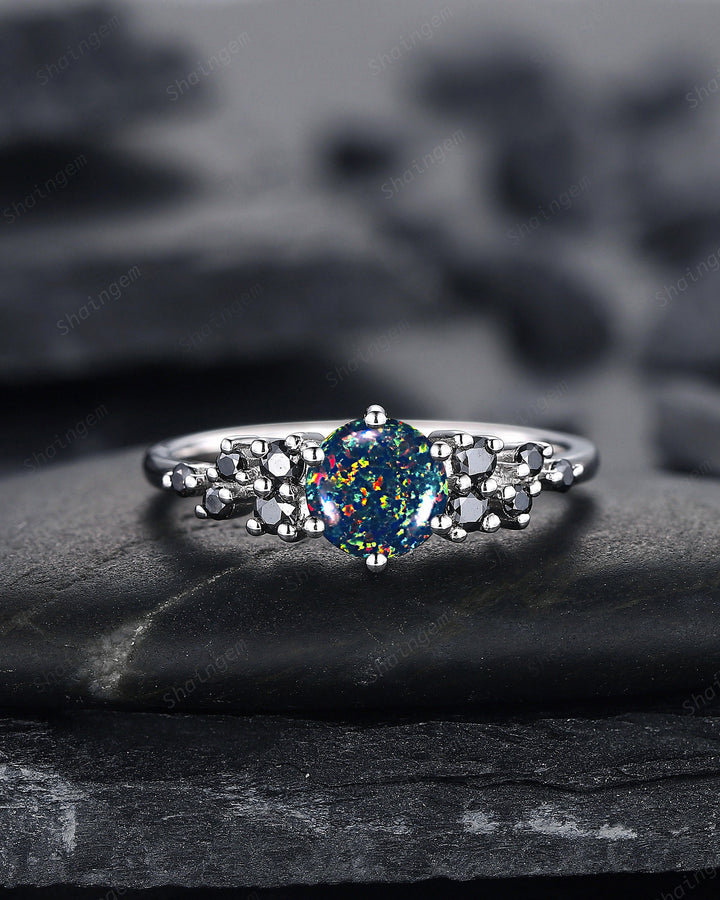 Black Fire Opal Engagement Ring, White Gold Black Moissanite Cluster Wedding Ring, Multi Fire Opal Anniversary Promise Ring Gif for Women - ShainJewelry