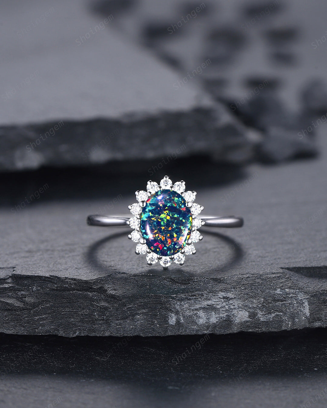 Sunflower Black Fire Opal Engagement Ring, White Gold Moissanite Halo Wedding Ring, Oval Shape Opal Floral Anniversary Promise Ring Gift - ShainJewelry