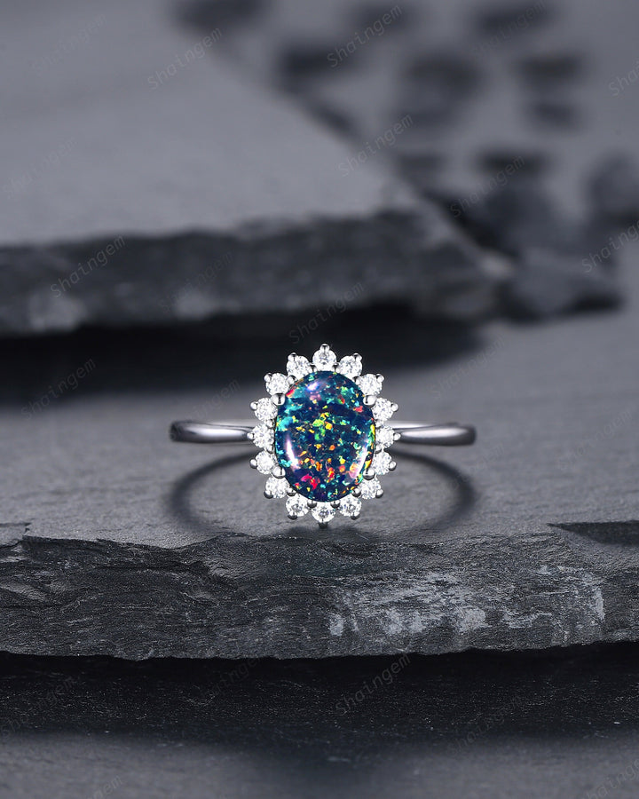 Sunflower Black Fire Opal Engagement Ring, White Gold Moissanite Halo Wedding Ring, Oval Shape Opal Floral Anniversary Promise Ring Gift - ShainJewelry