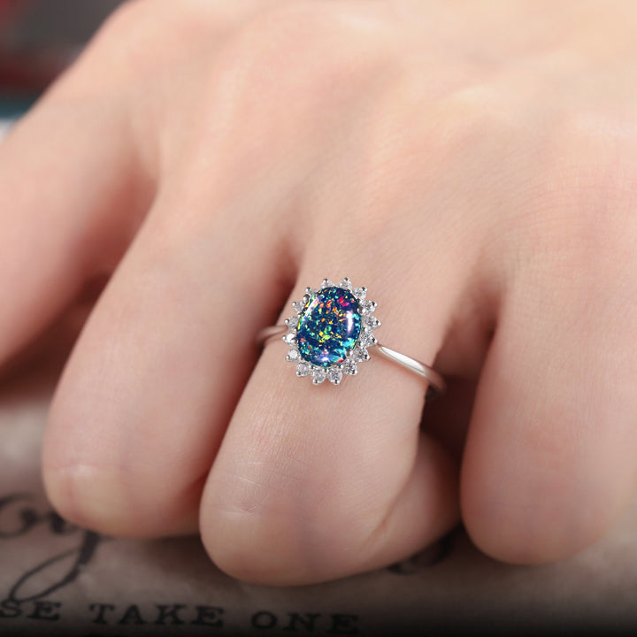 Sunflower Black Fire Opal Engagement Ring, White Gold Moissanite Halo Wedding Ring, Oval Shape Opal Floral Anniversary Promise Ring Gift - ShainJewelry