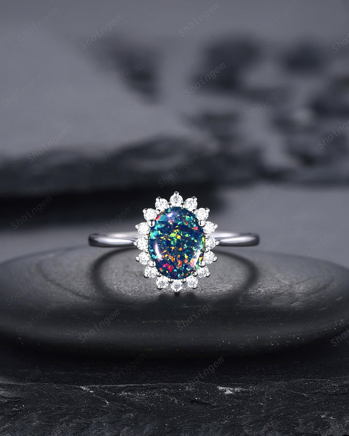 Sunflower Black Fire Opal Engagement Ring, White Gold Moissanite Halo Wedding Ring, Oval Shape Opal Floral Anniversary Promise Ring Gift - ShainJewelry