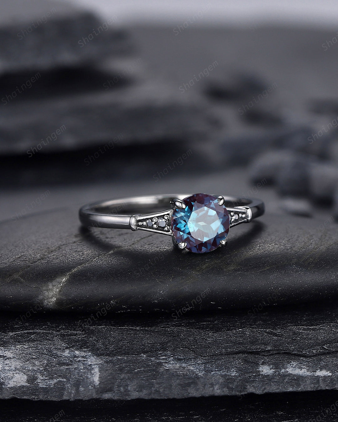 Gothic Black Gold Round Shape Alexandrite Engagement Ring, Vintage Rhodium Black Wedding Ring, Unique June Birthstone Promise Ring Gift - ShainJewelry