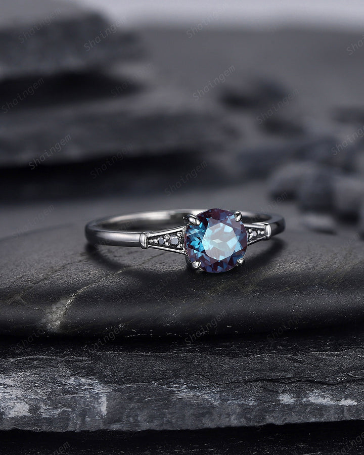 Gothic Black Gold Round Shape Alexandrite Engagement Ring, Vintage Rhodium Black Wedding Ring, Unique June Birthstone Promise Ring Gift - ShainJewelry
