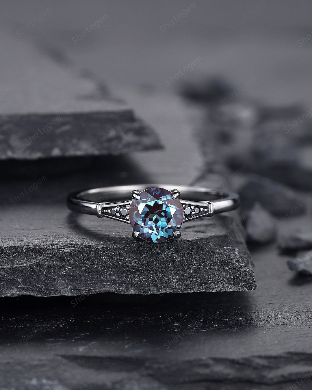 Gothic Black Gold Round Shape Alexandrite Engagement Ring, Vintage Rhodium Black Wedding Ring, Unique June Birthstone Promise Ring Gift - ShainJewelry