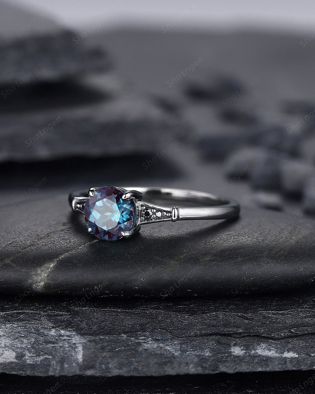 Gothic Black Gold Round Shape Alexandrite Engagement Ring, Vintage Rhodium Black Wedding Ring, Unique June Birthstone Promise Ring Gift - ShainJewelry