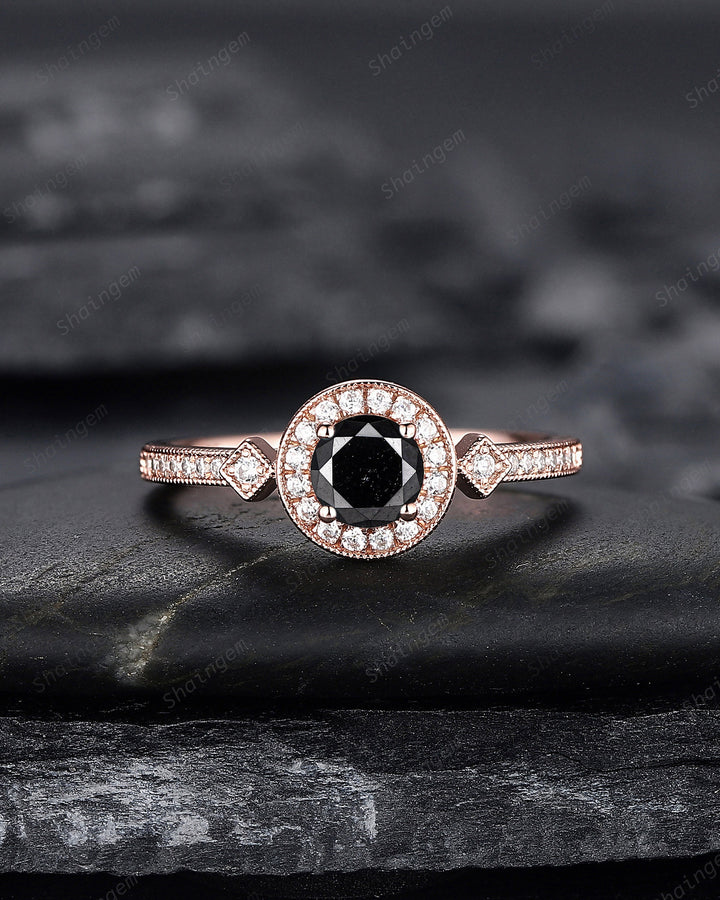 Natural Black Diamond Engagement Ring ,14K 18K Rose Gold 0.5 CT Round Shape Black Diamond Halo Promise Ring Half Eternity Wedding Ring Gift - ShainJewelry