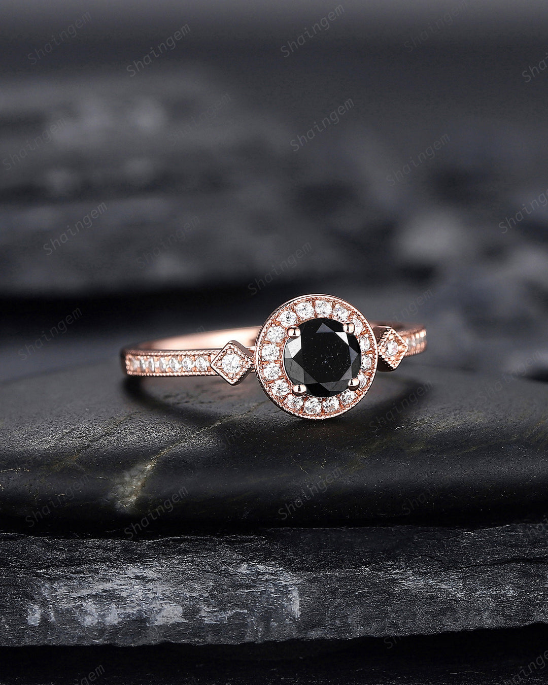 Natural Black Diamond Engagement Ring ,14K 18K Rose Gold 0.5 CT Round Shape Black Diamond Halo Promise Ring Half Eternity Wedding Ring Gift - ShainJewelry