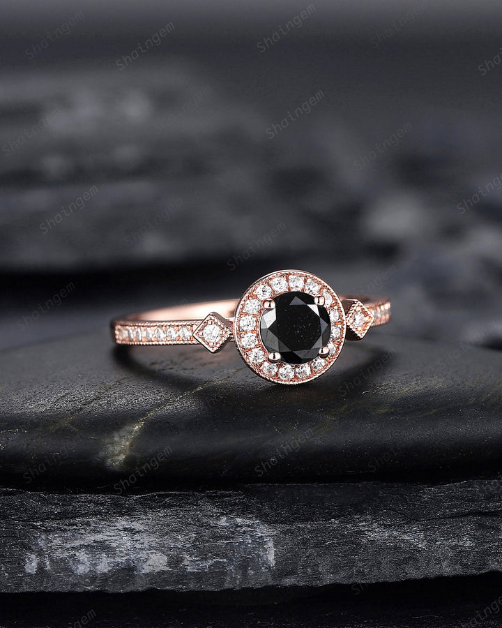 Natural Black Diamond Engagement Ring ,14K 18K Rose Gold 0.5 CT Round Shape Black Diamond Halo Promise Ring Half Eternity Wedding Ring Gift - ShainJewelry