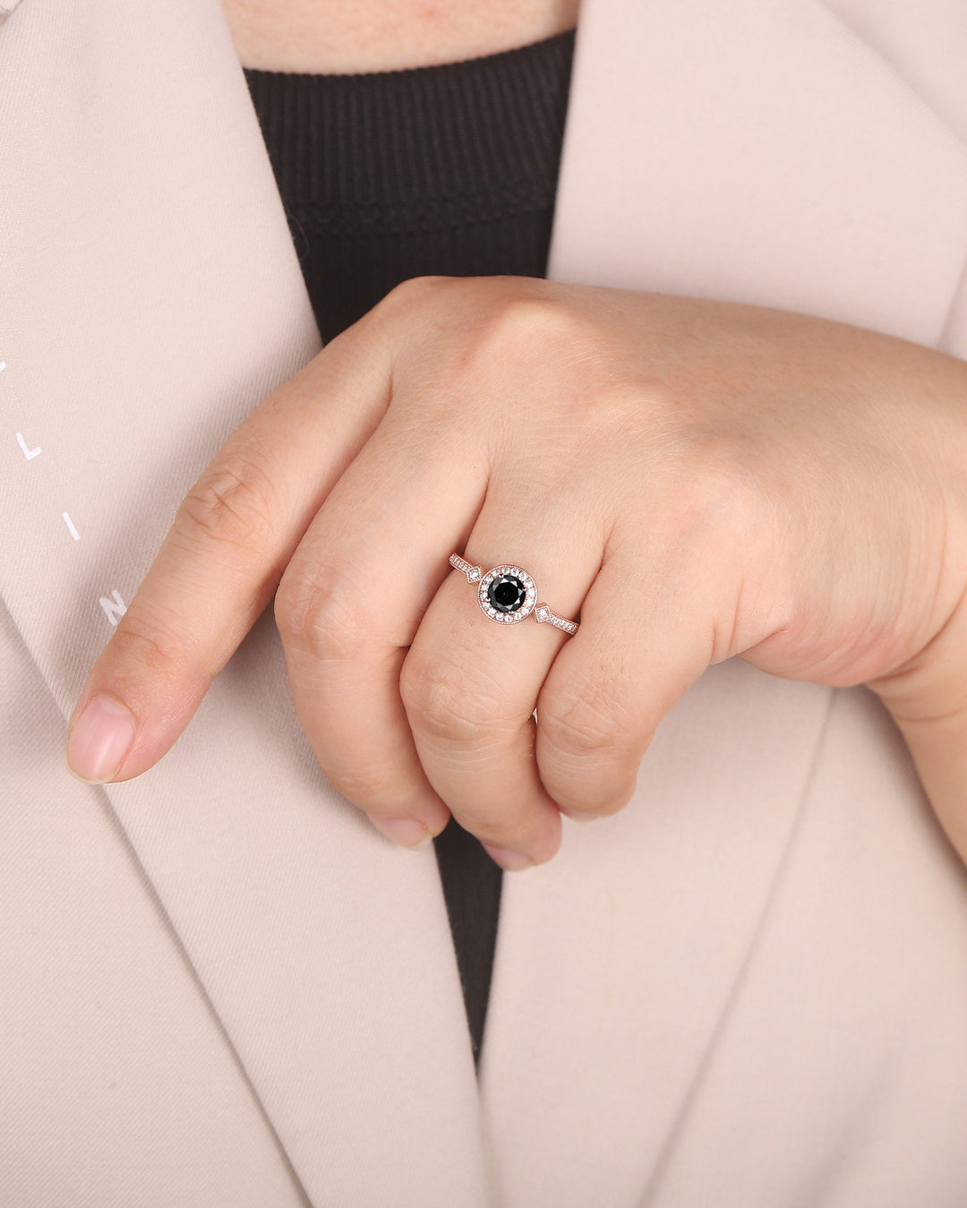 Natural Black Diamond Engagement Ring ,14K 18K Rose Gold 0.5 CT Round Shape Black Diamond Halo Promise Ring Half Eternity Wedding Ring Gift - ShainJewelry