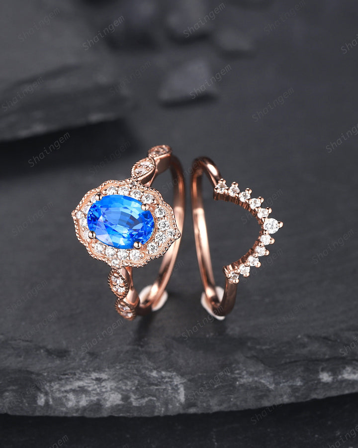 Unique Oval Shape Blue Spinel Engagement Ring Set, 14K Rose Gold Brilliant Vivid Blue Gemstone Ring, Spinel Wedding Promise Ring Gift - ShainJewelry