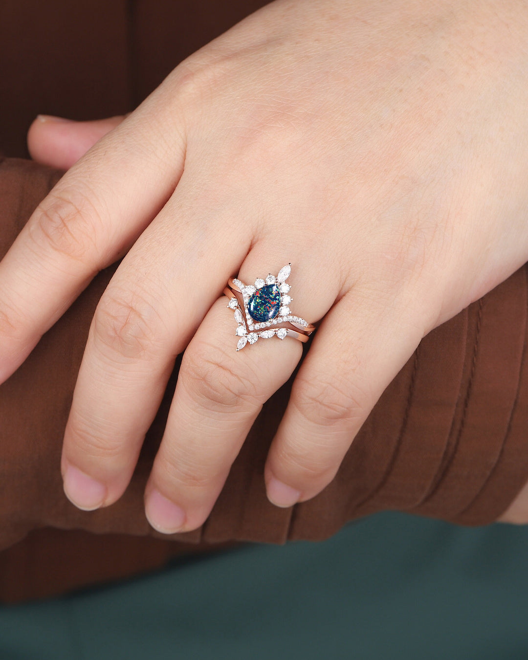 Pear Shape Black Fire Opal Engagement Ring Set, Unique 14K Rose Gold Black Opal Wedding Ring Bridal Set, V Shape Promise Ring Gift for Women - ShainJewelry