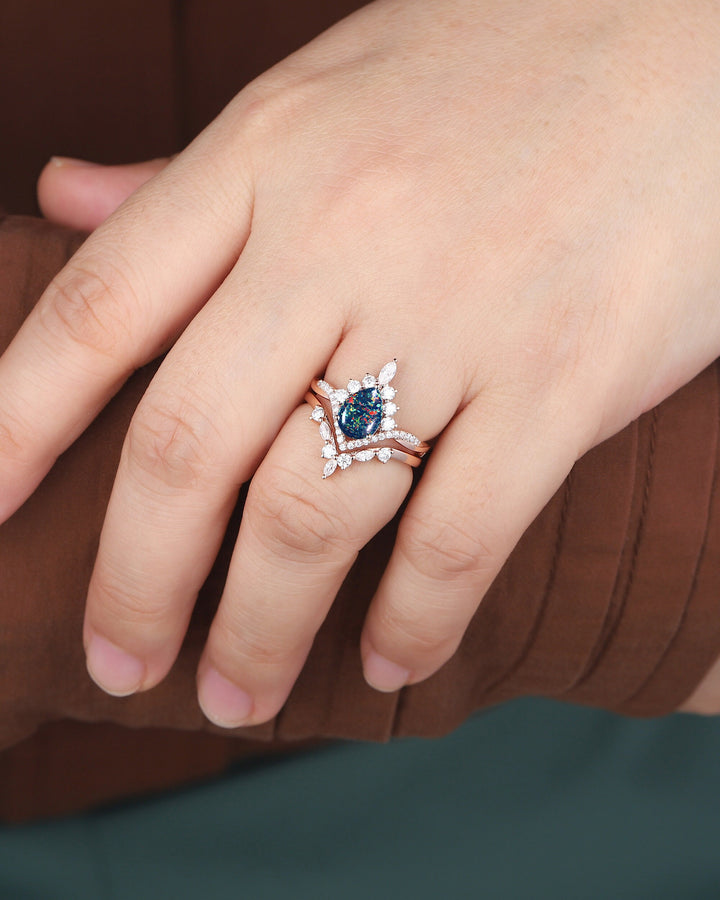 Pear Shape Black Fire Opal Engagement Ring Set, Unique 14K Rose Gold Black Opal Wedding Ring Bridal Set, V Shape Promise Ring Gift for Women - ShainJewelry