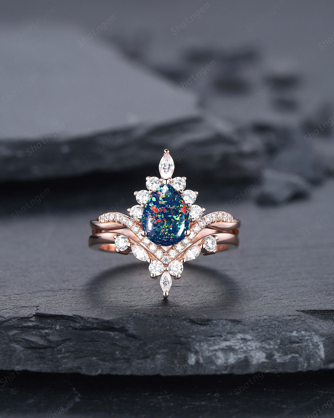 Pear Shape Black Fire Opal Engagement Ring Set, Unique 14K Rose Gold Black Opal Wedding Ring Bridal Set, V Shape Promise Ring Gift for Women - ShainJewelry