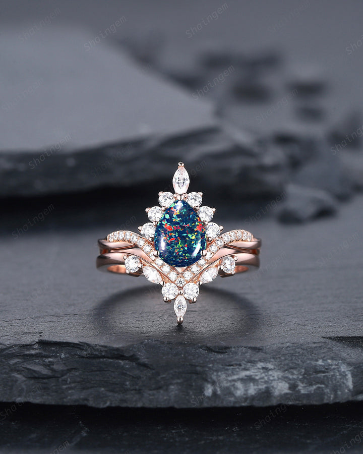 Pear Shape Black Fire Opal Engagement Ring Set, Unique 14K Rose Gold Black Opal Wedding Ring Bridal Set, V Shape Promise Ring Gift for Women - ShainJewelry