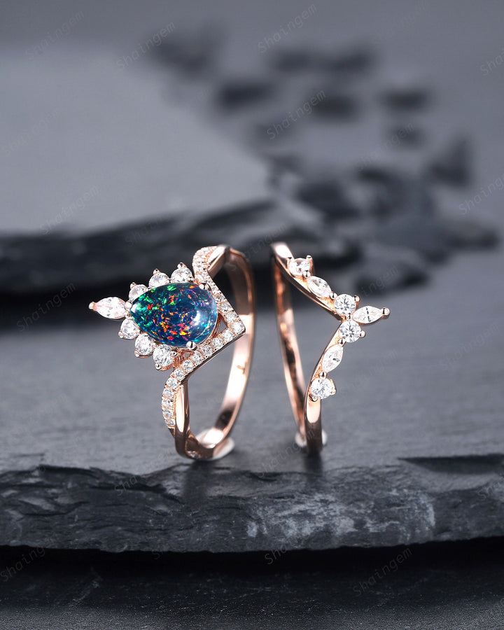 Pear Shape Black Fire Opal Engagement Ring Set, Unique 14K Rose Gold Black Opal Wedding Ring Bridal Set, V Shape Promise Ring Gift for Women - ShainJewelry