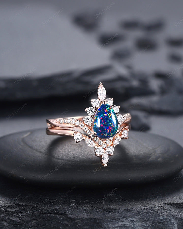 Pear Shape Black Fire Opal Engagement Ring Set, Unique 14K Rose Gold Black Opal Wedding Ring Bridal Set, V Shape Promise Ring Gift for Women - ShainJewelry