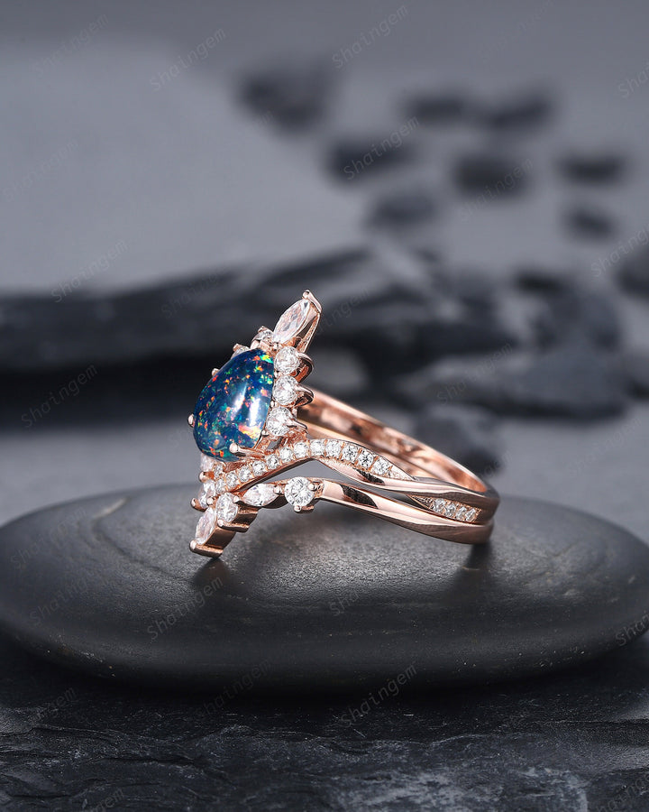 Pear Shape Black Fire Opal Engagement Ring Set, Unique 14K Rose Gold Black Opal Wedding Ring Bridal Set, V Shape Promise Ring Gift for Women - ShainJewelry