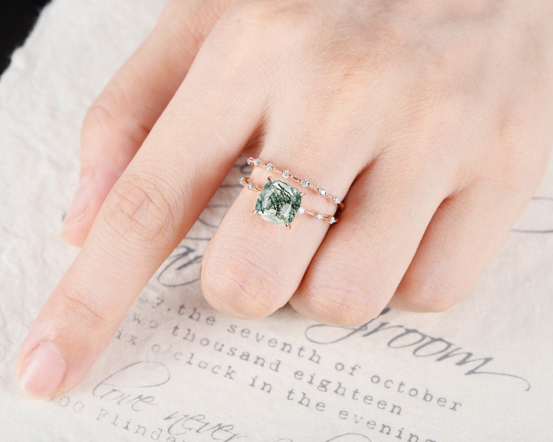 Square Cushion Cut Moss Agate and Diamond Engagement Ring Set, Unique Moss Agate Wedding Set, Art Deco Rose Gold Bridal Set Promise Ring - ShainJewelry