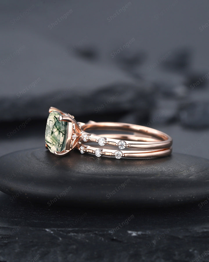 Square Cushion Cut Moss Agate and Diamond Engagement Ring Set, Unique Moss Agate Wedding Set, Art Deco Rose Gold Bridal Set Promise Ring - ShainJewelry