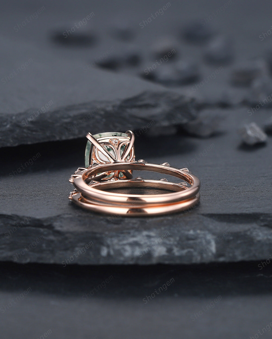 Square Cushion Cut Moss Agate and Diamond Engagement Ring Set, Unique Moss Agate Wedding Set, Art Deco Rose Gold Bridal Set Promise Ring - ShainJewelry