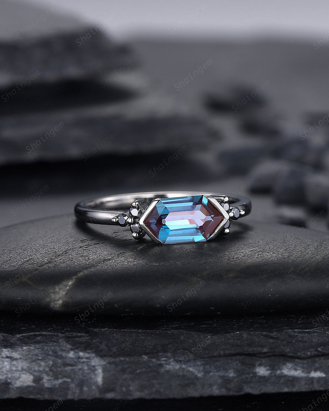 Black Gold Long Hexagon Alexandrite Engagement Ring, Unique Cluster Black Moissanite Wedding Ring, Rhodium Black Anniversary Promise Ring - ShainJewelry
