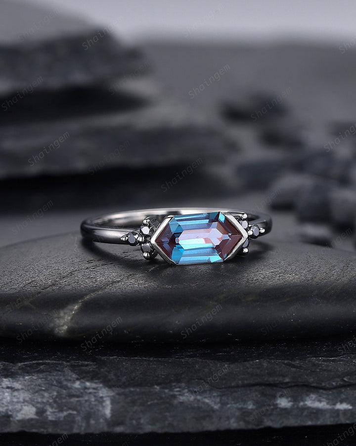 Black Gold Long Hexagon Alexandrite Engagement Ring, Unique Cluster Black Moissanite Wedding Ring, Rhodium Black Anniversary Promise Ring - ShainJewelry