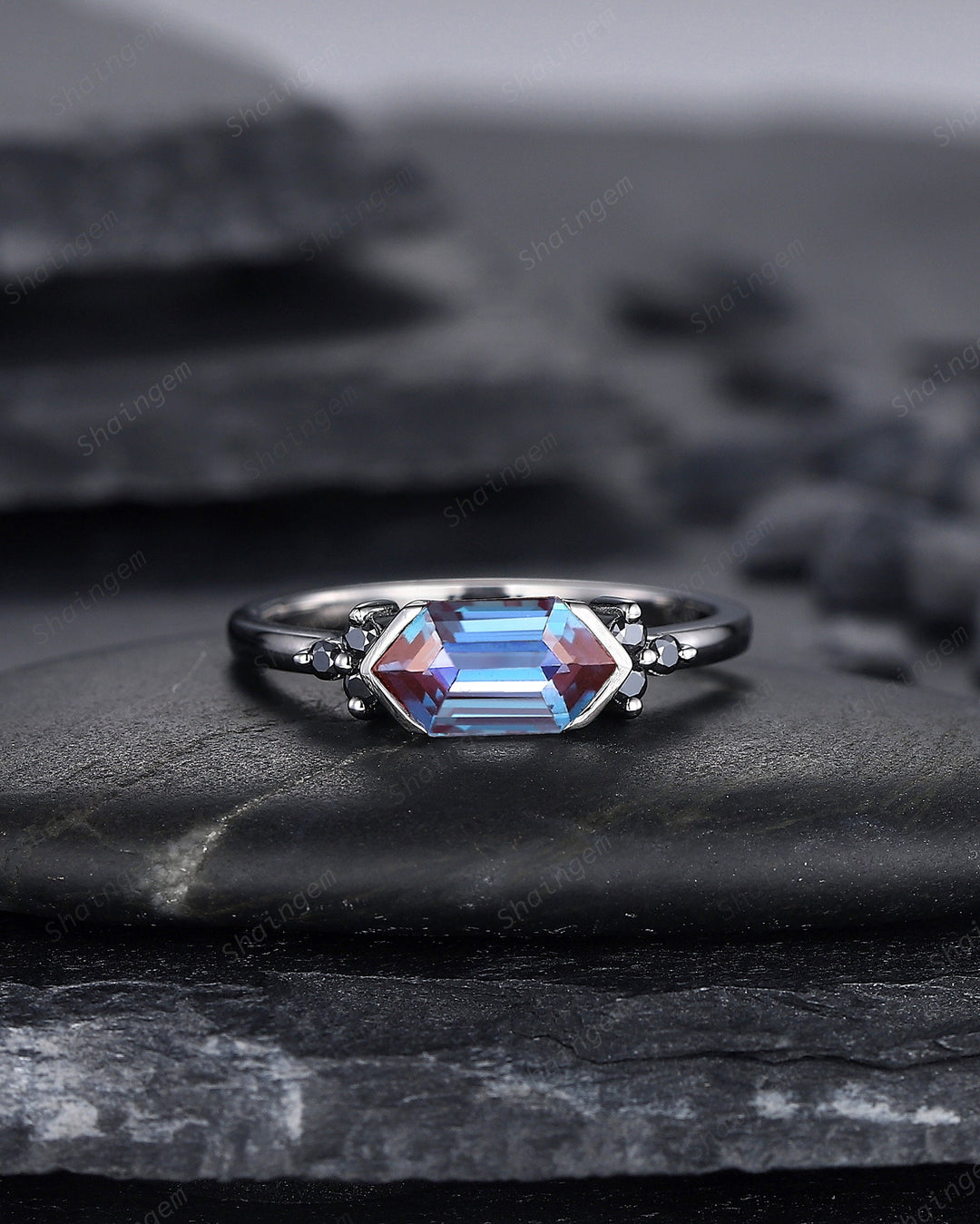 Black Gold Long Hexagon Alexandrite Engagement Ring, Unique Cluster Black Moissanite Wedding Ring, Rhodium Black Anniversary Promise Ring - ShainJewelry