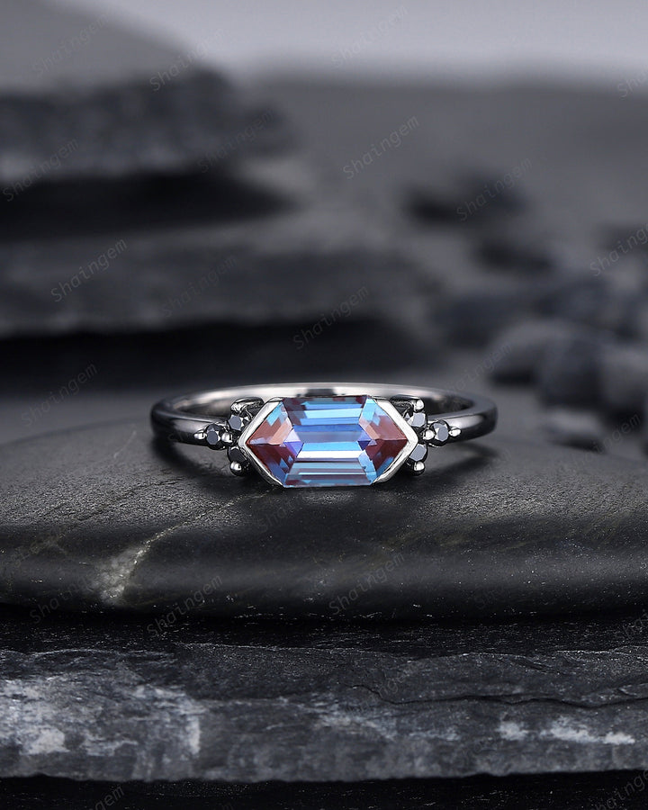 Black Gold Long Hexagon Alexandrite Engagement Ring, Unique Cluster Black Moissanite Wedding Ring, Rhodium Black Anniversary Promise Ring - ShainJewelry