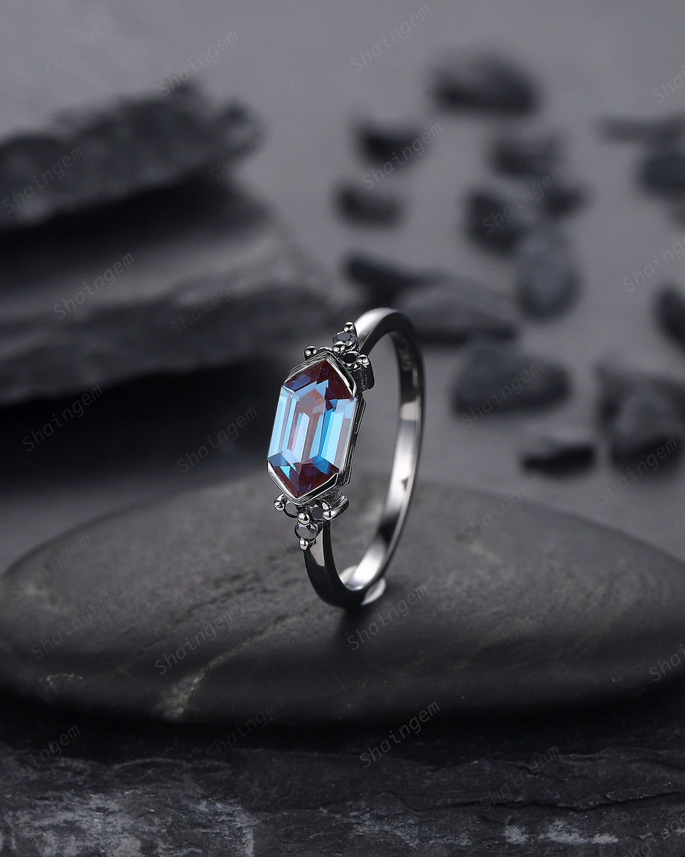 Black Gold Long Hexagon Alexandrite Engagement Ring, Unique Cluster Black Moissanite Wedding Ring, Rhodium Black Anniversary Promise Ring - ShainJewelry