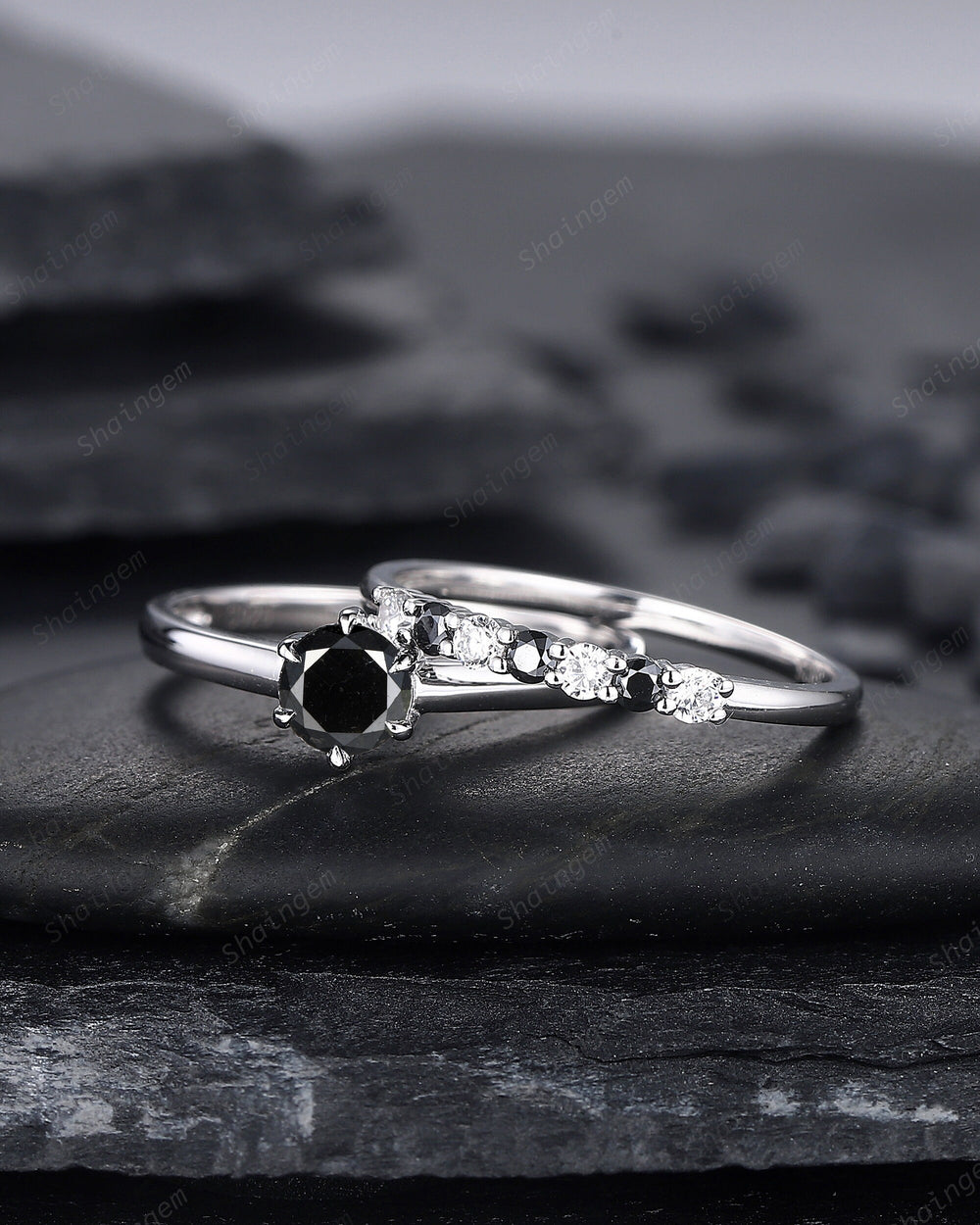 0.5 CT Round Shape Black Diamond Engagement Ring Set, Dainty White Gold Black Diamond Promise Ring, Diamond Wedding Anniversary Ring for her - ShainJewelry