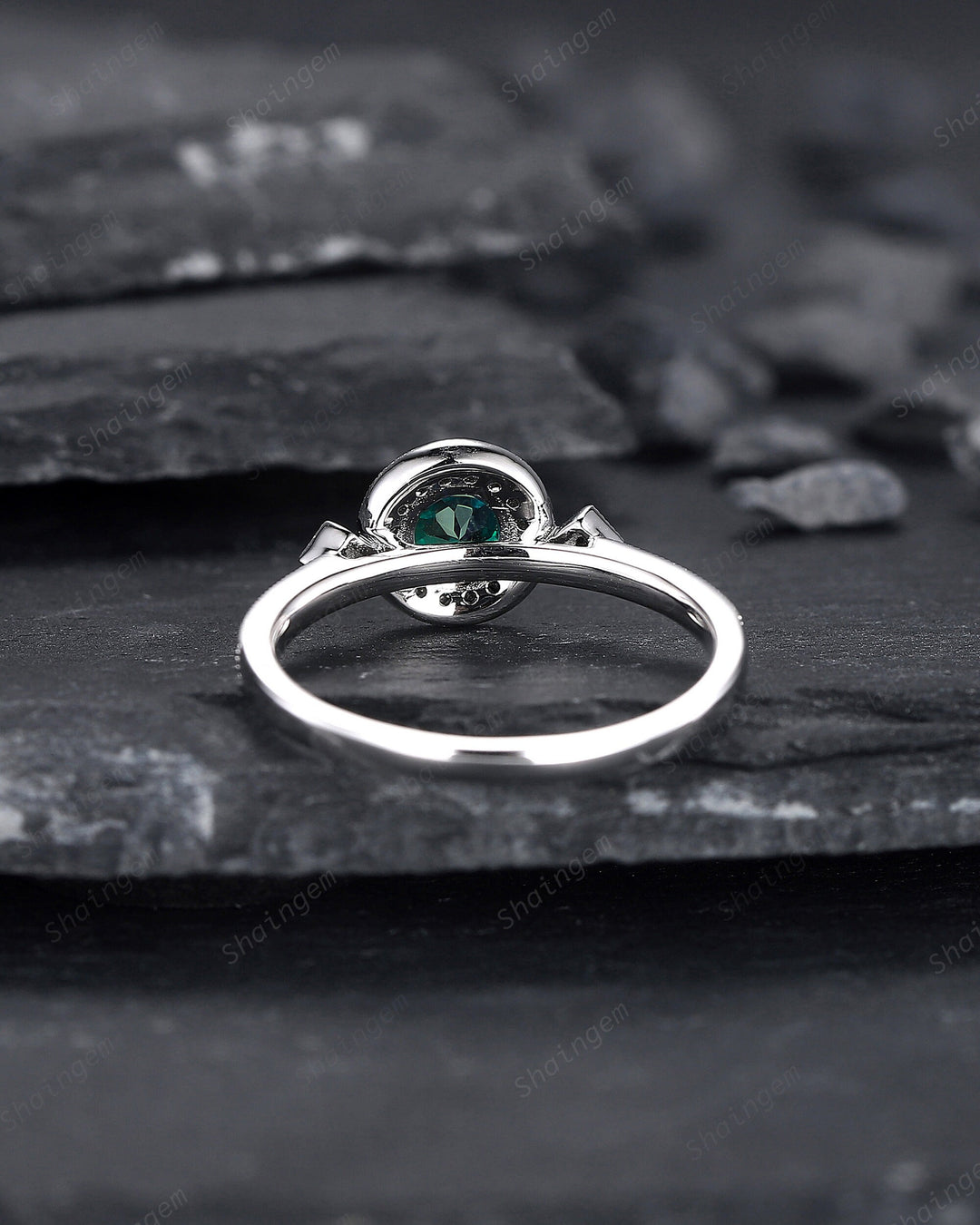 Round Shape Emerald and black diamond Engagement Ring , White Gold Black Moissanite Halo Promise Ring, Half Eternity Wedding Ring Gift - ShainJewelry