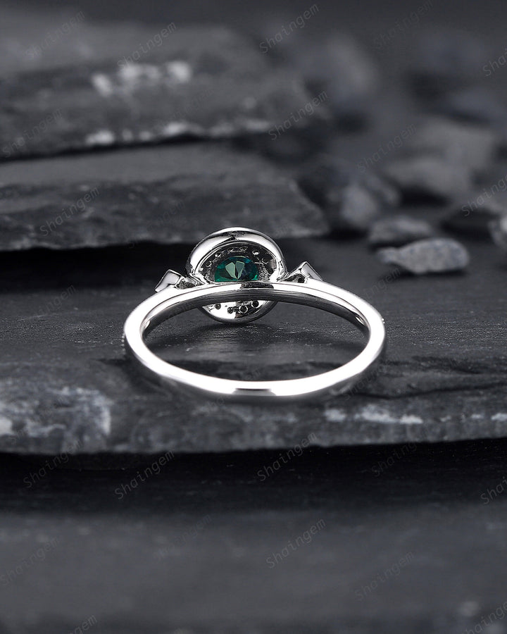 Round Shape Emerald and black diamond Engagement Ring , White Gold Black Moissanite Halo Promise Ring, Half Eternity Wedding Ring Gift - ShainJewelry