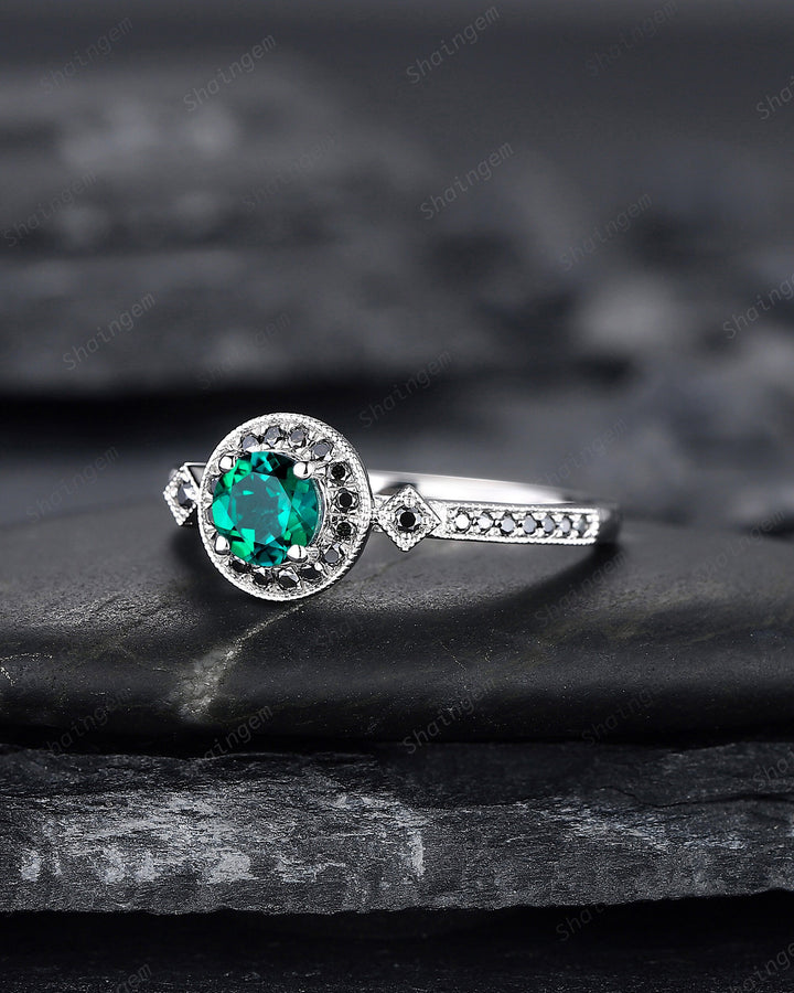 Round Shape Emerald and black diamond Engagement Ring , White Gold Black Moissanite Halo Promise Ring, Half Eternity Wedding Ring Gift - ShainJewelry