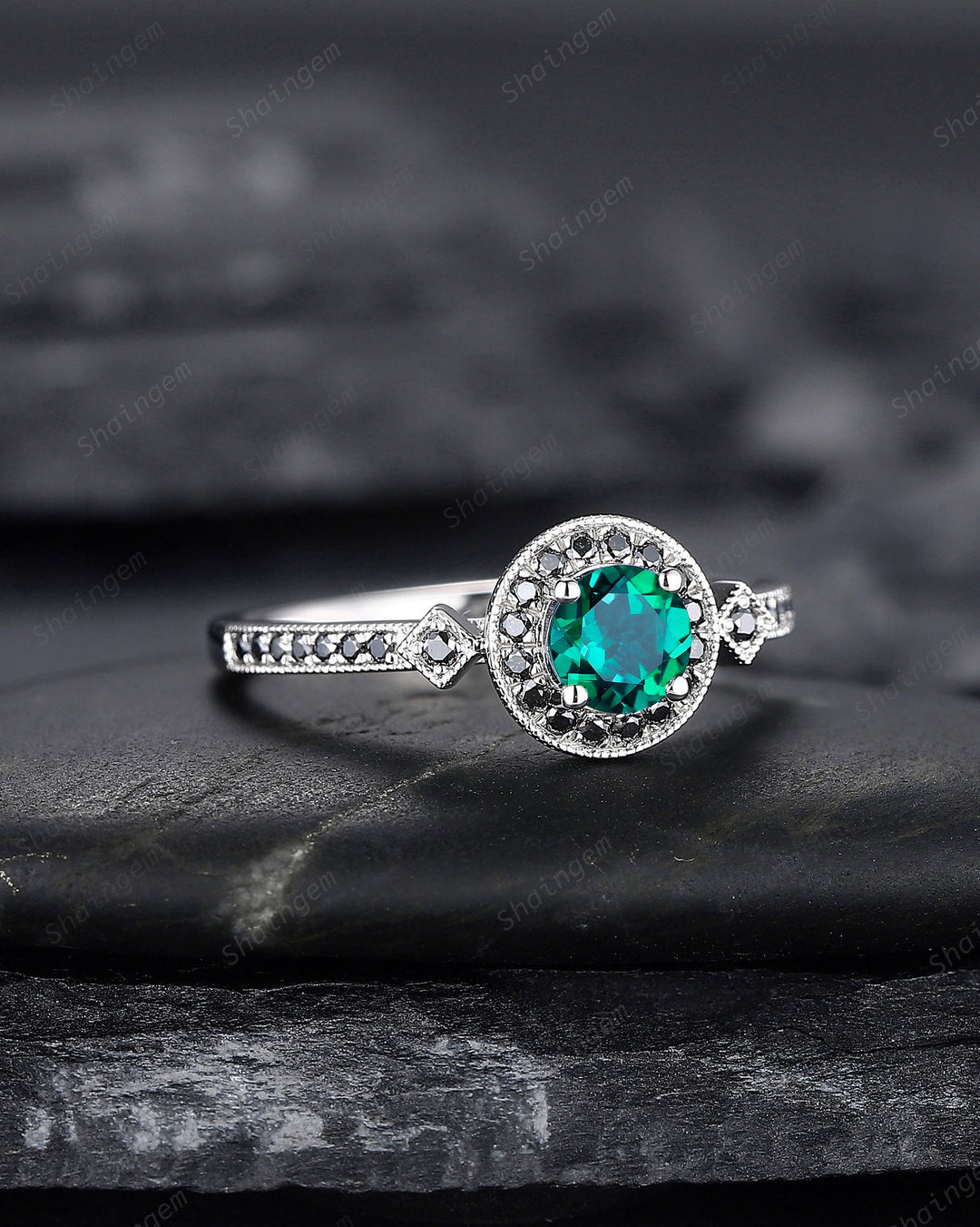 Round Shape Emerald and black diamond Engagement Ring , White Gold Black Moissanite Halo Promise Ring, Half Eternity Wedding Ring Gift - ShainJewelry