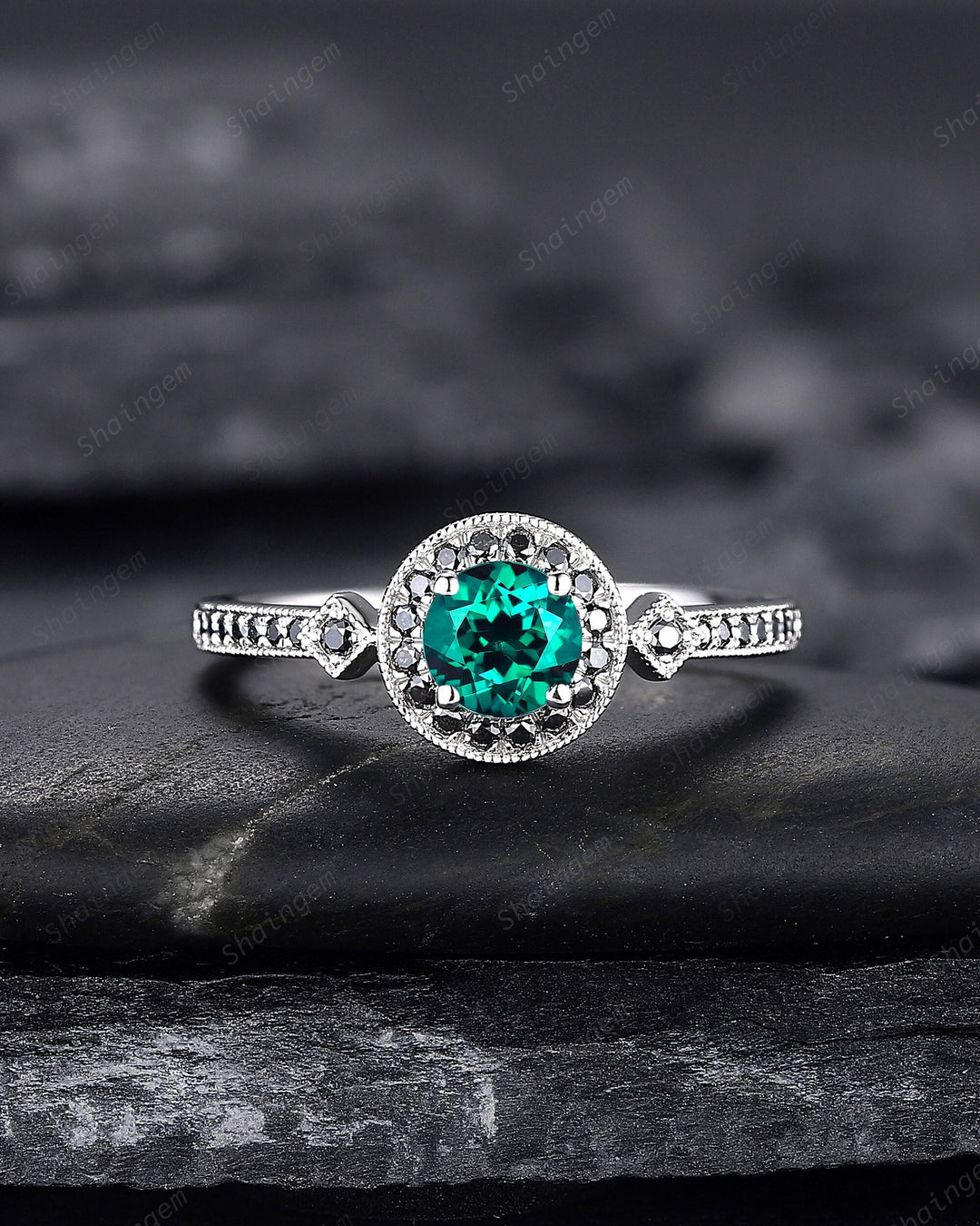 Round Shape Emerald and black diamond Engagement Ring , White Gold Black Moissanite Halo Promise Ring, Half Eternity Wedding Ring Gift - ShainJewelry