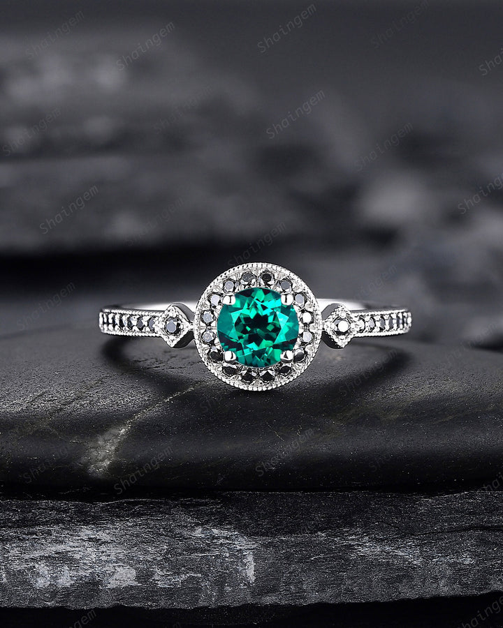 Round Shape Emerald and black diamond Engagement Ring , White Gold Black Moissanite Halo Promise Ring, Half Eternity Wedding Ring Gift - ShainJewelry