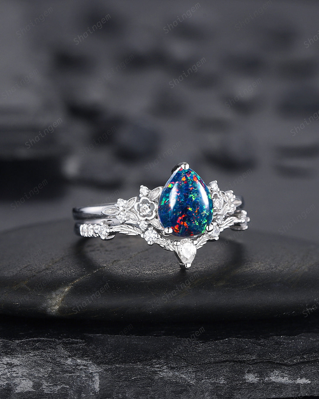 Vintage Pear Shape Black Fire Opal Engagement Ring Set, Unique 14K White Gold Floral Opal Wedding Ring Bridal Set, Promise Ring for Women - ShainJewelry