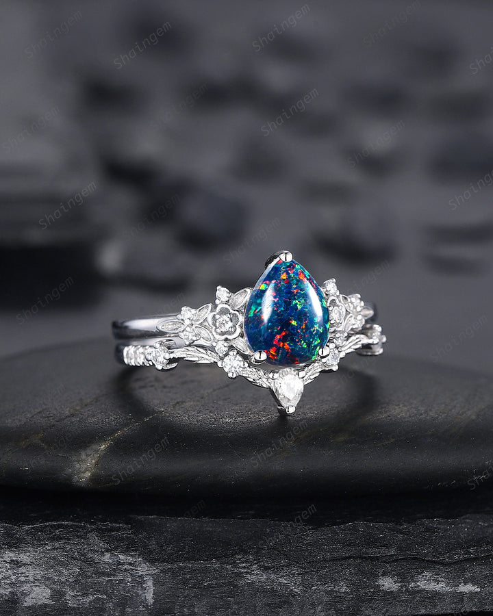Vintage Pear Shape Black Fire Opal Engagement Ring Set, Unique 14K White Gold Floral Opal Wedding Ring Bridal Set, Promise Ring for Women - ShainJewelry