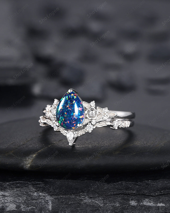 Vintage Pear Shape Black Fire Opal Engagement Ring Set, Unique 14K White Gold Floral Opal Wedding Ring Bridal Set, Promise Ring for Women - ShainJewelry
