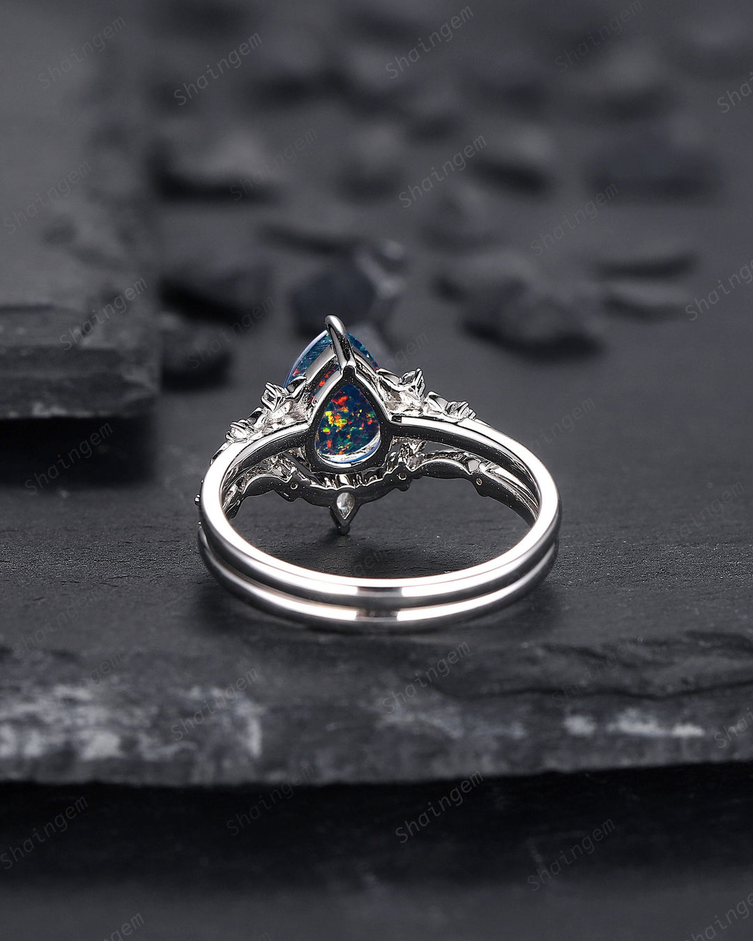 Vintage Pear Shape Black Fire Opal Engagement Ring Set, Unique 14K White Gold Floral Opal Wedding Ring Bridal Set, Promise Ring for Women - ShainJewelry