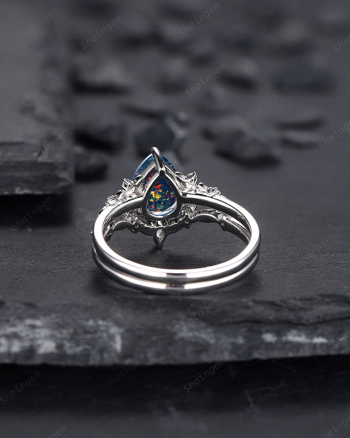 Vintage Pear Shape Black Fire Opal Engagement Ring Set, Unique 14K White Gold Floral Opal Wedding Ring Bridal Set, Promise Ring for Women - ShainJewelry