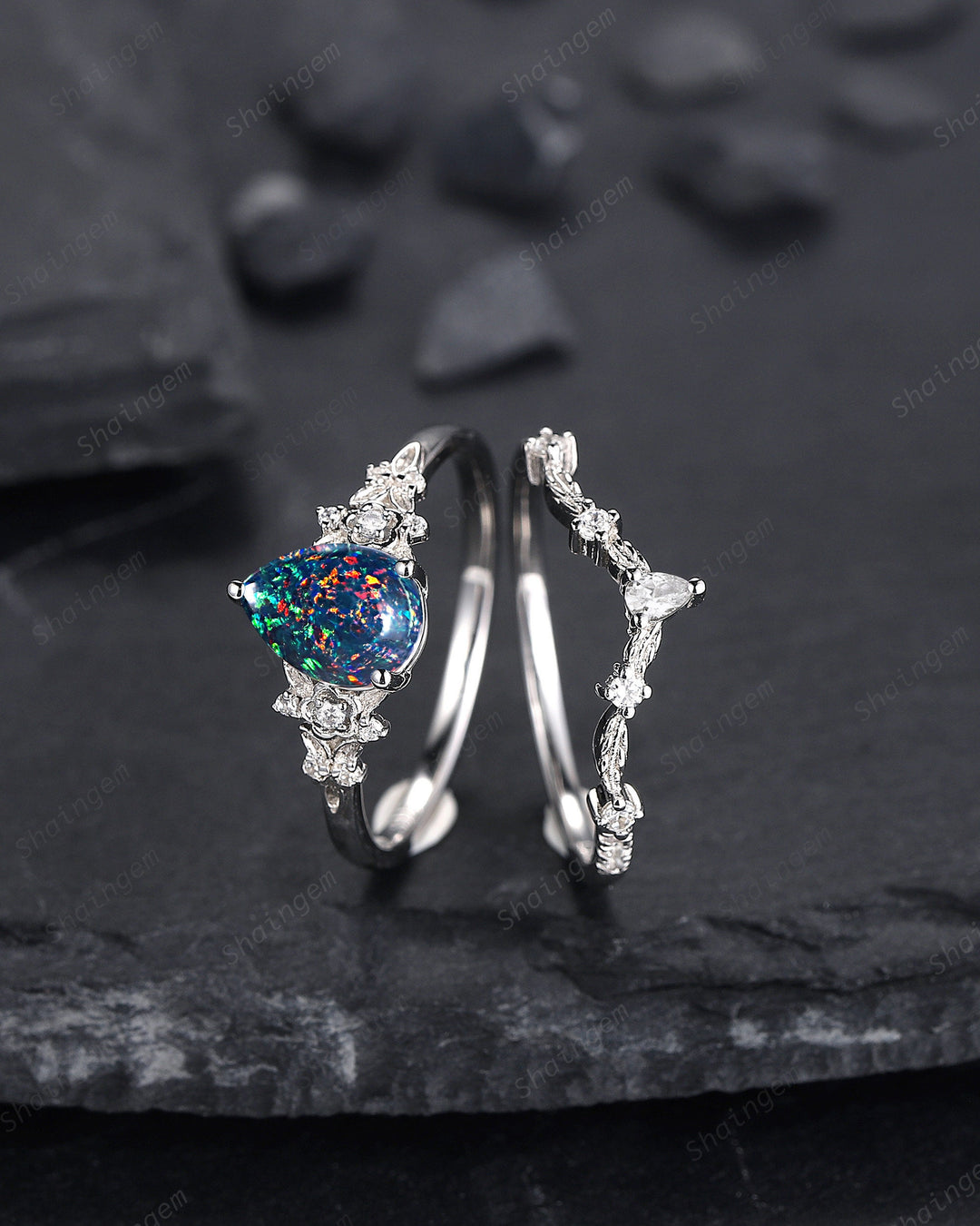 Vintage Pear Shape Black Fire Opal Engagement Ring Set, Unique 14K White Gold Floral Opal Wedding Ring Bridal Set, Promise Ring for Women - ShainJewelry