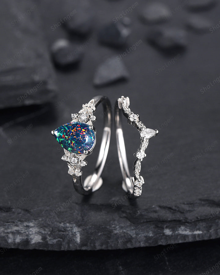Vintage Pear Shape Black Fire Opal Engagement Ring Set, Unique 14K White Gold Floral Opal Wedding Ring Bridal Set, Promise Ring for Women - ShainJewelry